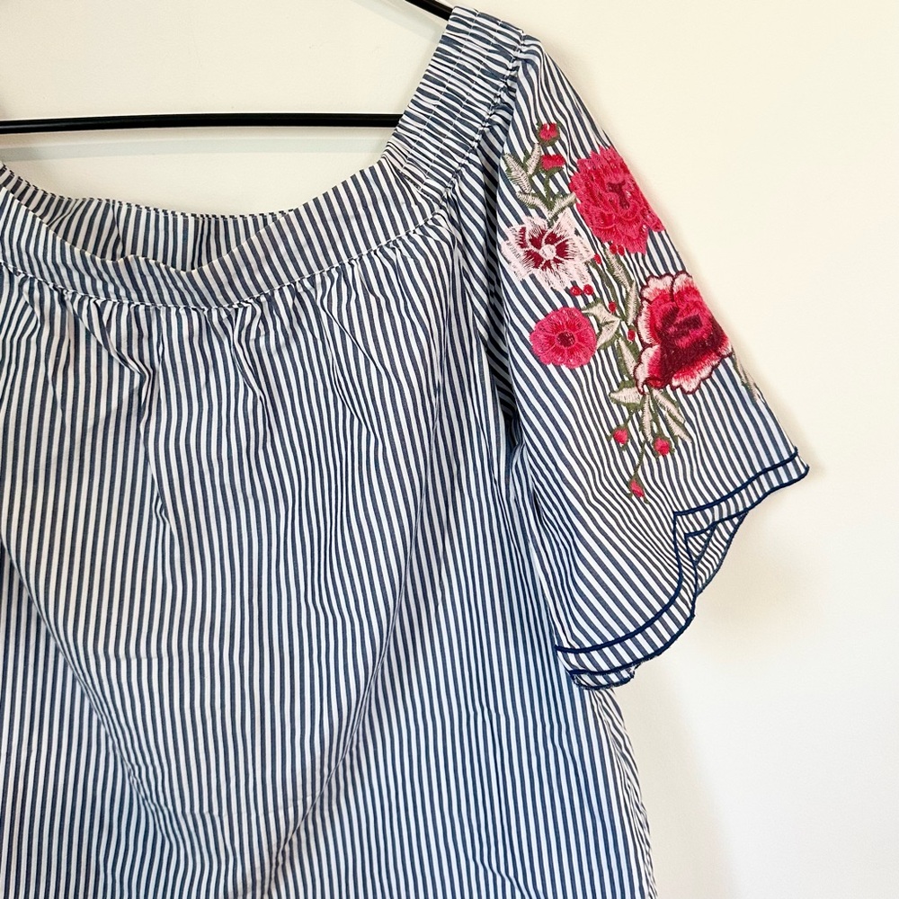 Tribal Jeans Striped Off-Shoulder Top with Floral Embroidery - Size: Medium - Picture 7 of 9